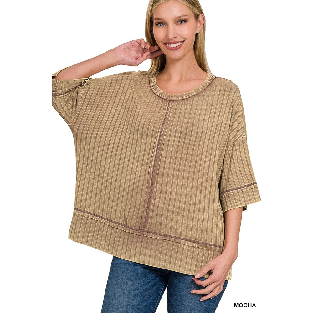 393-L/XL Zenana Top  Mocha NWT Ribbed Drop Shoulder Half Sleeve Mineral Wash
